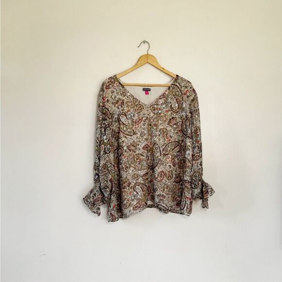 SALE! Tan Vince Camuto Paisley Patterned L/S Blouse Size 3X EUC - Picture 1 of 7